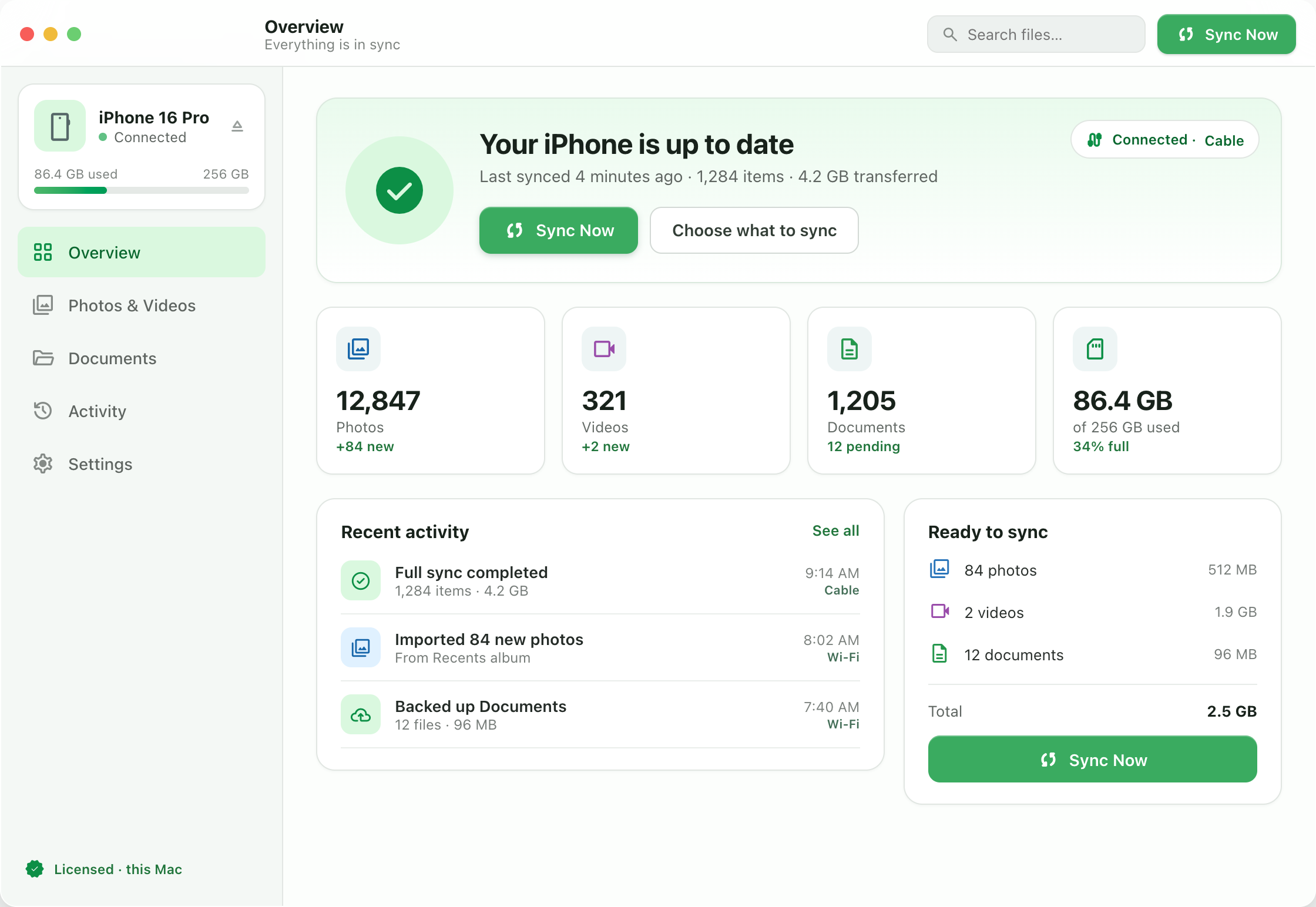 BackupMaster dashboard on macOS — iPhone 16 Pro connected over cable, everything in sync