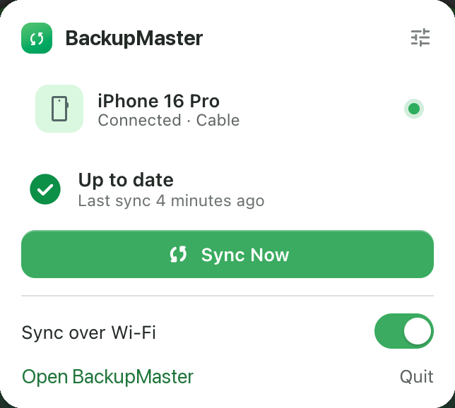 BackupMaster menu bar popover — Up to date, Sync over Wi-Fi enabled
